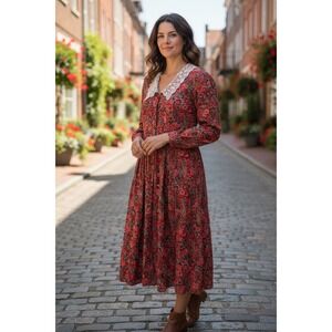 Vintage Laura Ashley Womens 8 red Floral Maxi Dress Lace Collar Cottage Prairie